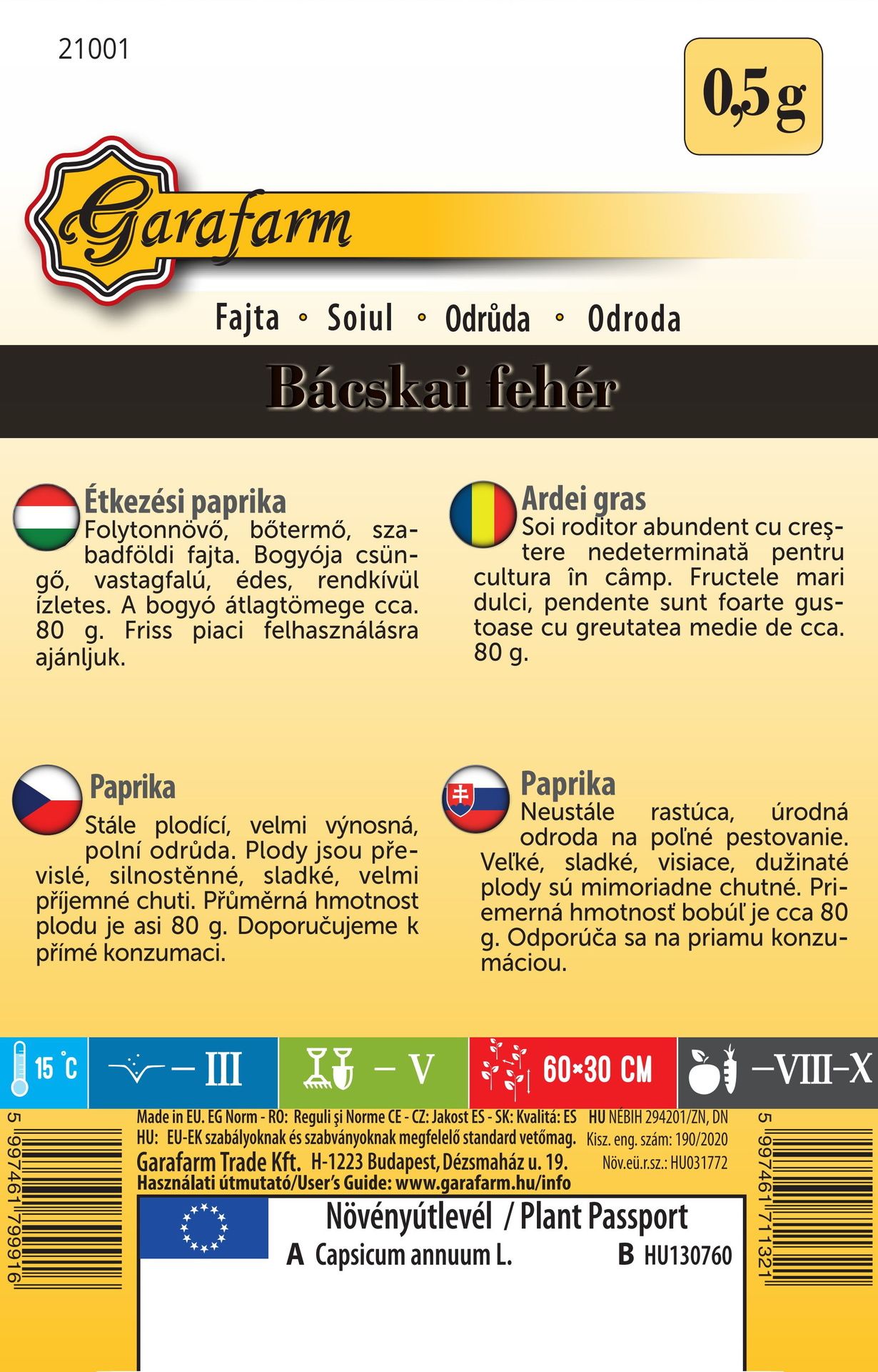 Paprika Bácskai fehér - sladká 0,5g