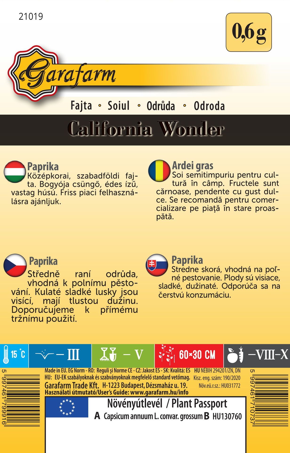 Paprika California Wonder - sladká