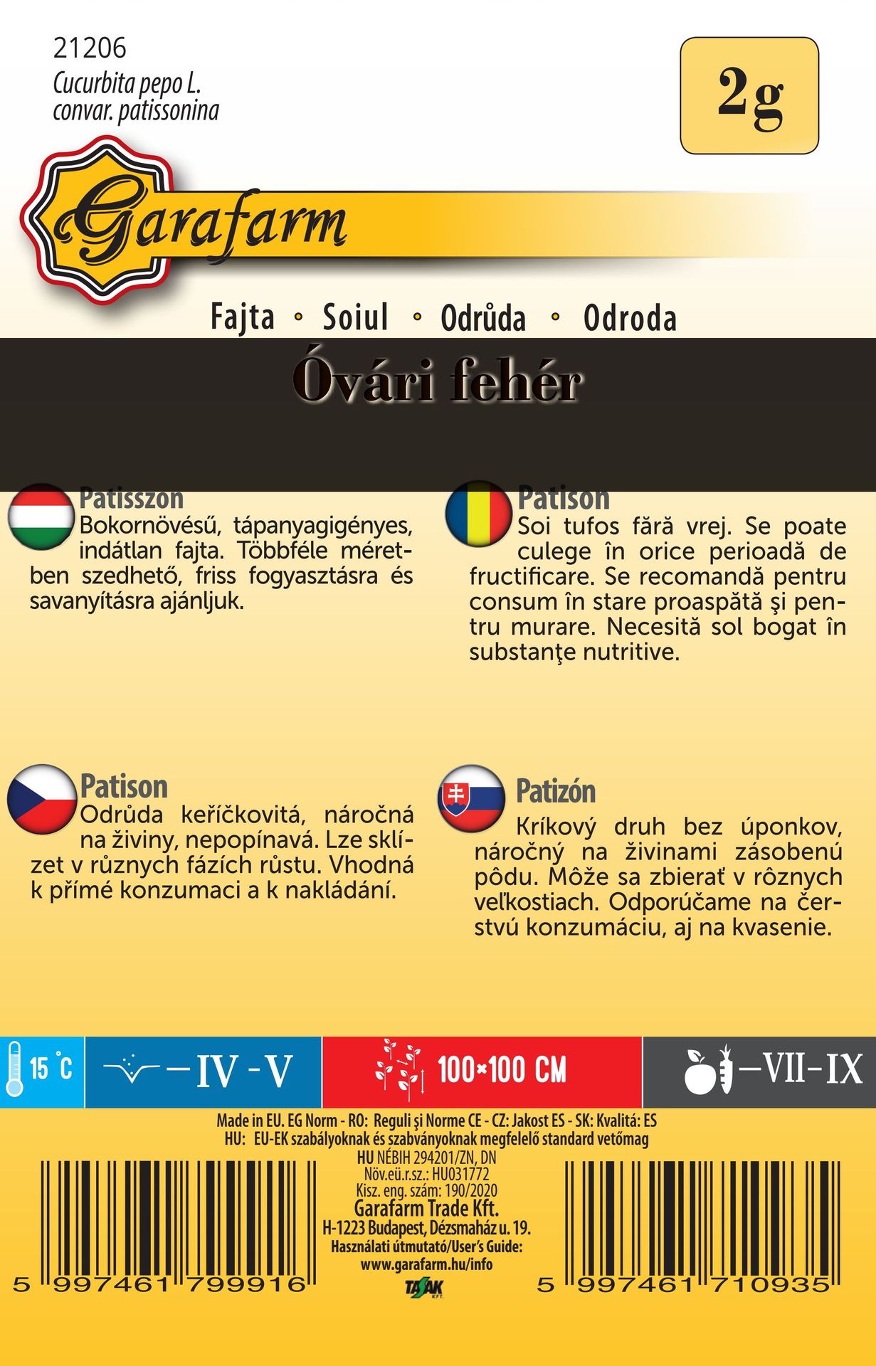 Patizón biely Óvári fehér 2g