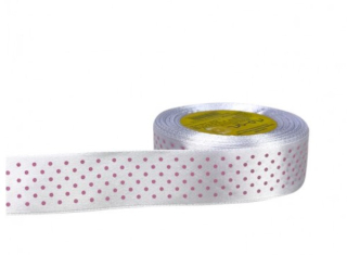 Stuha satén+bodky ružové 2,5cm/25y biela č.94