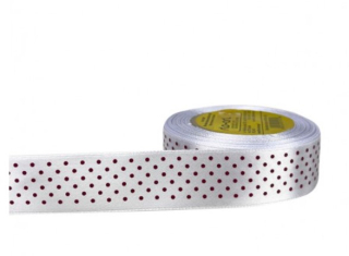 Stuha satén+bodky bordové 2,5cm/25y biela č.48