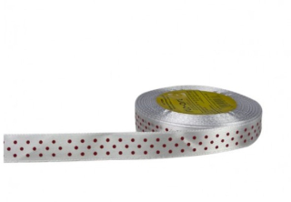 Stuha satén+bodky červené 1,2cm/25y biela č.26