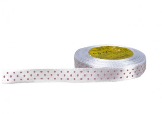 Stuha satén+bodky ružové 1,2cm/25y biela č.94