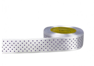 Stuha satén+bodky fialové 2,5cm/25y biela č.125
