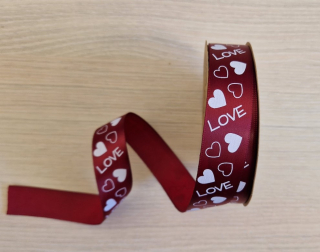 Stuha Love+Srdce 2,5cm/25y Bordová